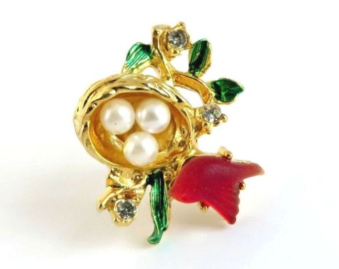 Faux Pearl Holiday Lapel Pin, Vintage Christmas Bird's Nest Tie Tack/Tac, Hat Pin