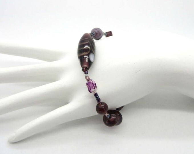Vintage Murano Glass Bead Bracelet, Purple Italian Art Glass Stretch Bracelet