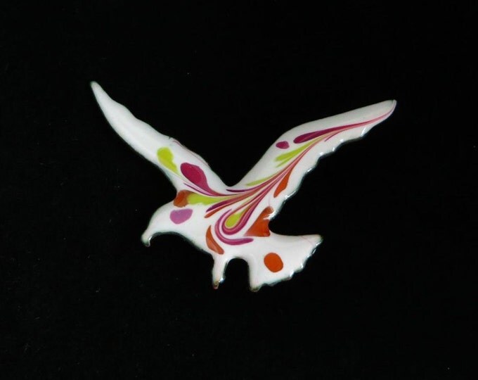 INGA Bird Brooch, Vintage Copper Bird Brooch, Hand Painted Bird Pin, Signed Inga Jewelry