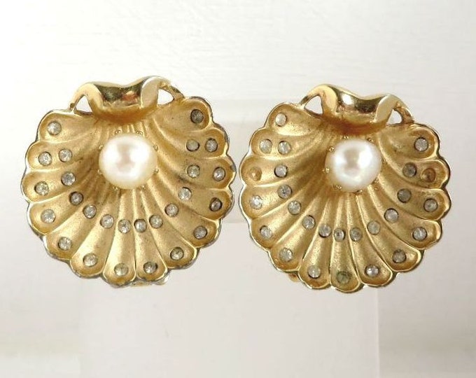 Oyster Shell Earrings Vintage Faux Pearl & Rhinestone Gold Tone Clip-ons, Gift Idea, Gift Box, FREE SHIPPING