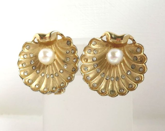 Oyster Shell Earrings Vintage Faux Pearl & Rhinestone Gold Tone Clip-ons, Gift Idea, Gift Box, FREE SHIPPING