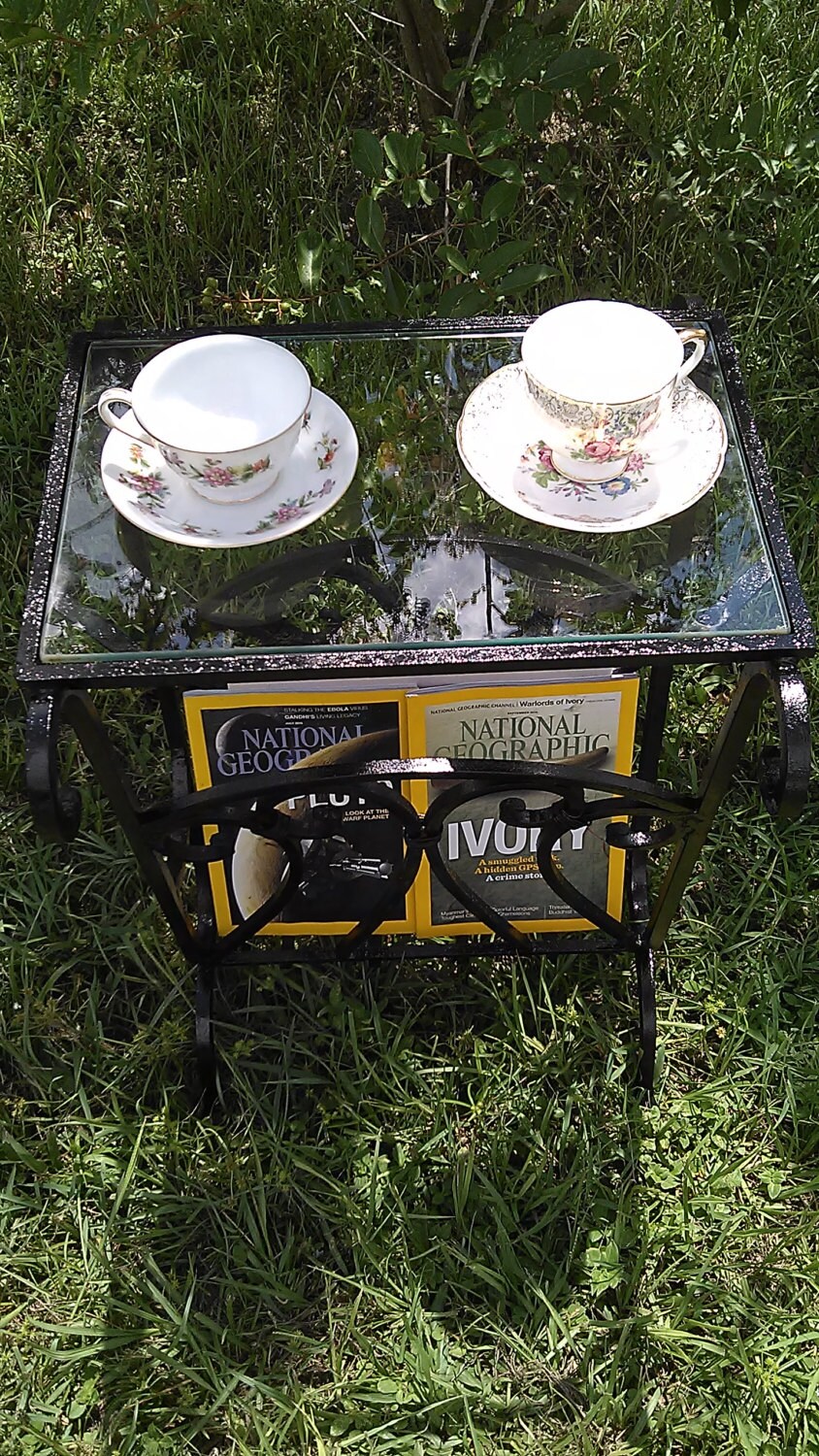 Vintage Cast Wrought Iron Glass Side End Table Magazine Rack Haute Juice