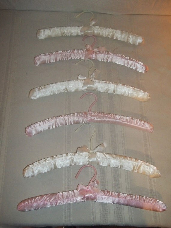 Vintage Padded Satin Hangers Set of 6 Pink and White