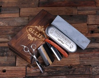 Personalized Straight Razor Blade, Wood Comb, Scissors & Sharpening Stones Groomsmen Gift, Father's Day Hipster (025221)