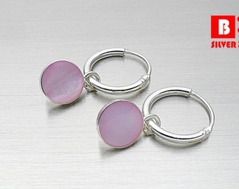 925 Sterling Silver Earrings, Hoop Earrings, Pink Circle Earrings (Code : EY34A)