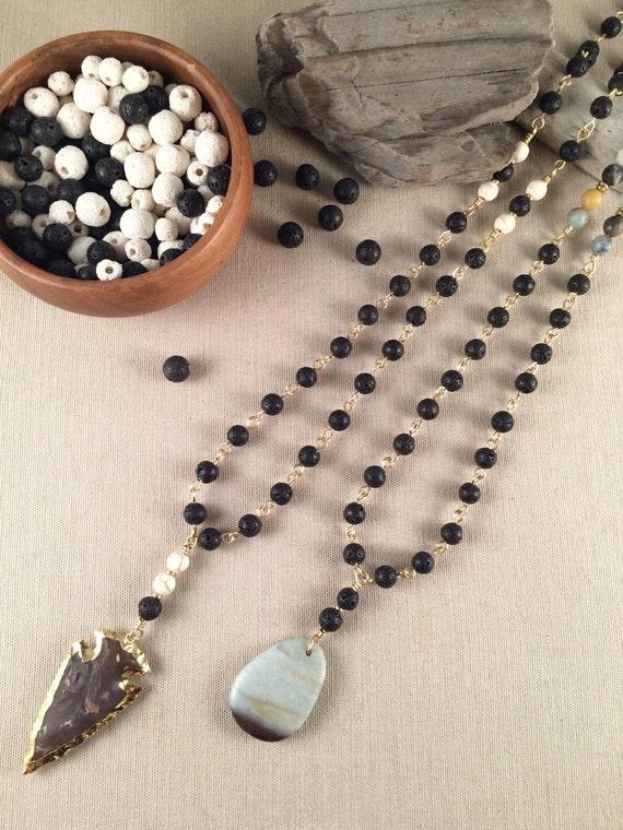 Black Lava Rock Rosary Style Necklace with Gemstone Pendant
