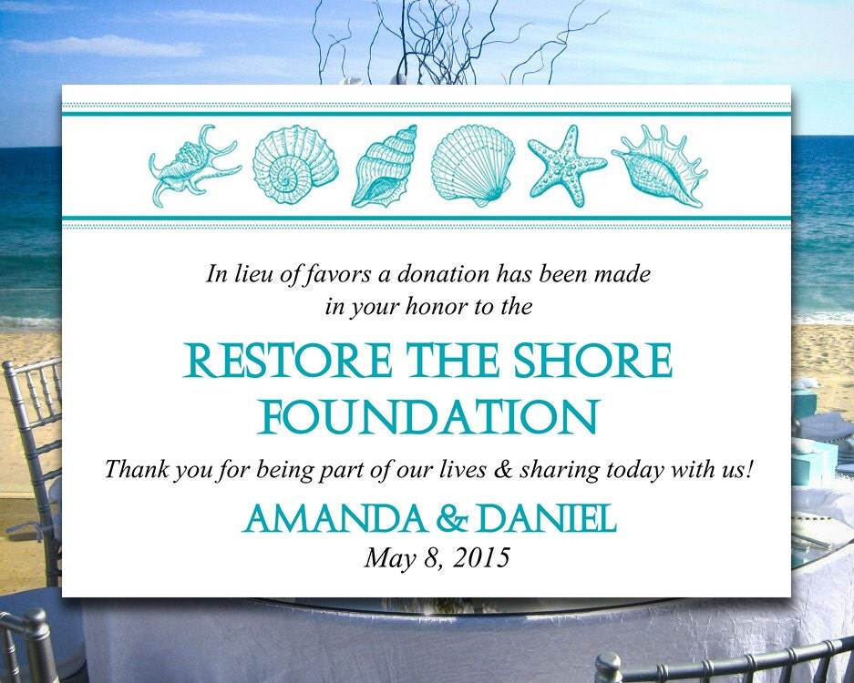 Beach Wedding Favor Donation Card Template Seashell Wedding A Donation Has Been Made In Your Honor Template