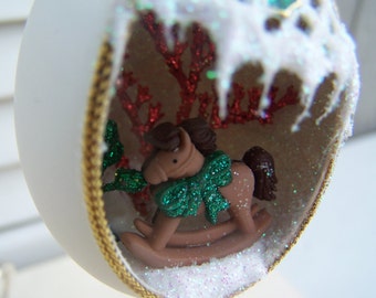Christmas Ornament Baby Rocking Horse Gold Green Real Duck Egg Diarama Art EggSchells