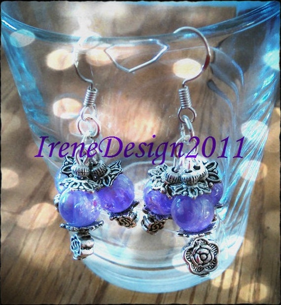 Handmade Silver Earrings with Crackled Amethyst & Roses by IreneDesign2011