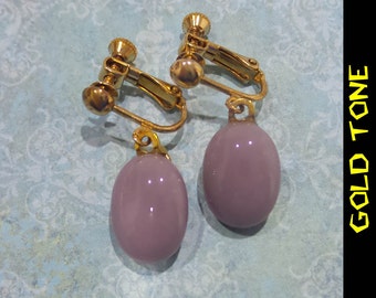 Purple Clip On Earrings, Dangle Clip Earring, Screw Back, Plum ClipOn Earrings, Fused Glass Jewelry - Dusty Purple- -5