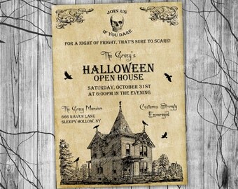 HALLOWEEN INVITATION Printable, Adult Halloween Invitation, Halloween Party Invite Printable, Vintage Raven Open House Haunted House Mansion
