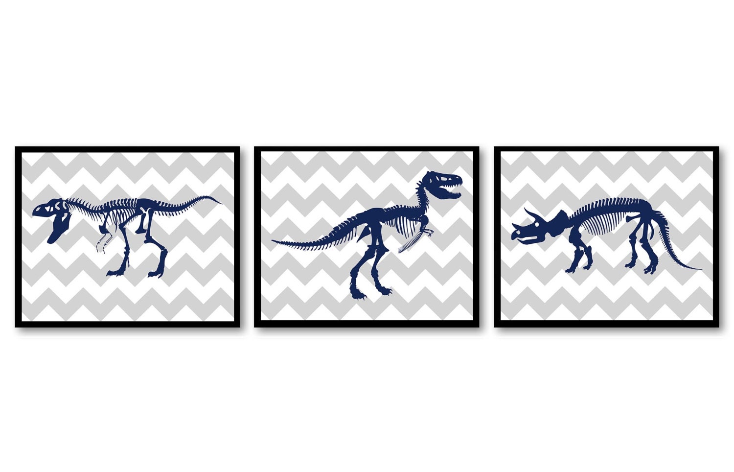 Tyrannosaurus T Rex Triceratops Dinosaur Nursery Art Set of 3 Prints Dinosaur Bones Skeleton Navy Bl