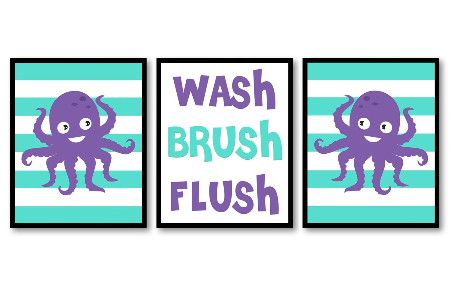 Octopus Wash Flush Brush Purple Teal Blue Bathroom Print Nursery Art Nursery Print Set of 3 Beach Oc