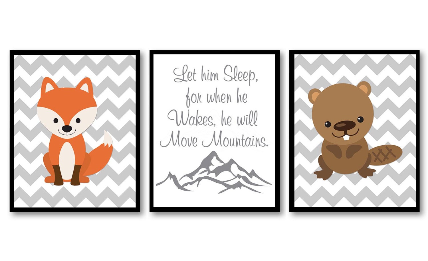 Woodland Nursery Art Animal Print Set of 3 Let him Sleep for when he Wakes he will Move Mountains Fo