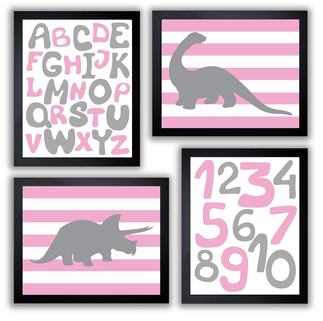 Dinosaurs Nursery Art Set of 4 Prints Grey Pink Stripes Tyrannosaurus Rex Brachiosaurus Alphabet Num