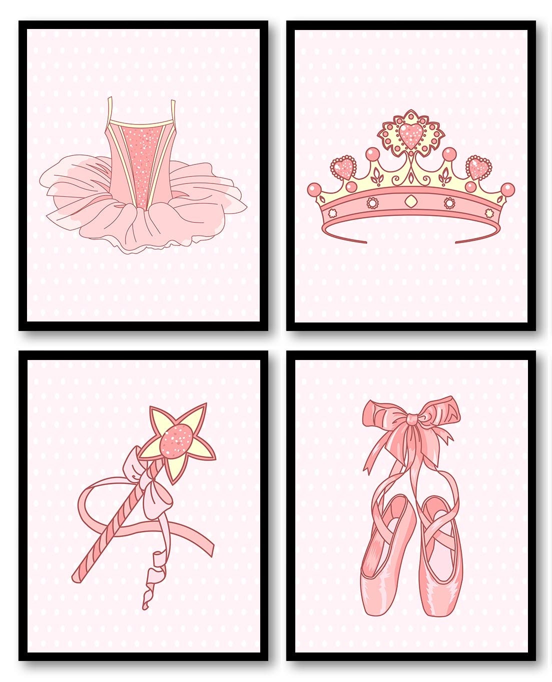 Pink Ballerina Princess Nursery Art Prints Set of 4 Child Baby Ballet Shoes Tutu Tiera Wand Dancer G