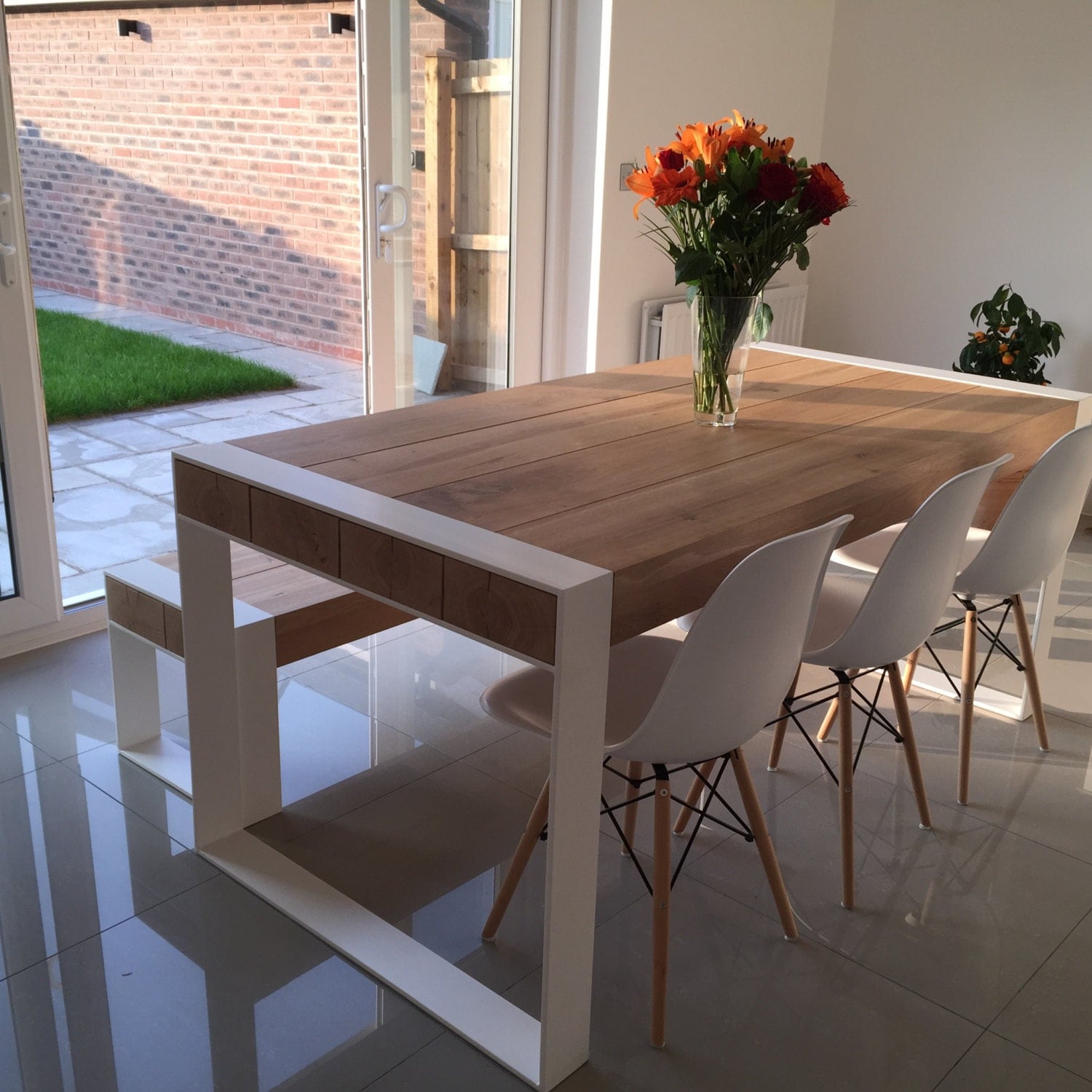 Handmade dining set steel & timber table with benches