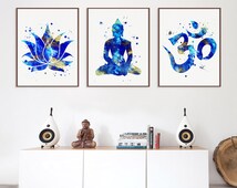 Set of 3 Prints, Lotus, Buddha, Om Symbol, Yoga Studio Decor,