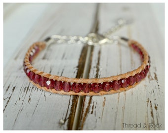 July Birthstone: Ruby Bead Bracelet in Natural Beige Leather