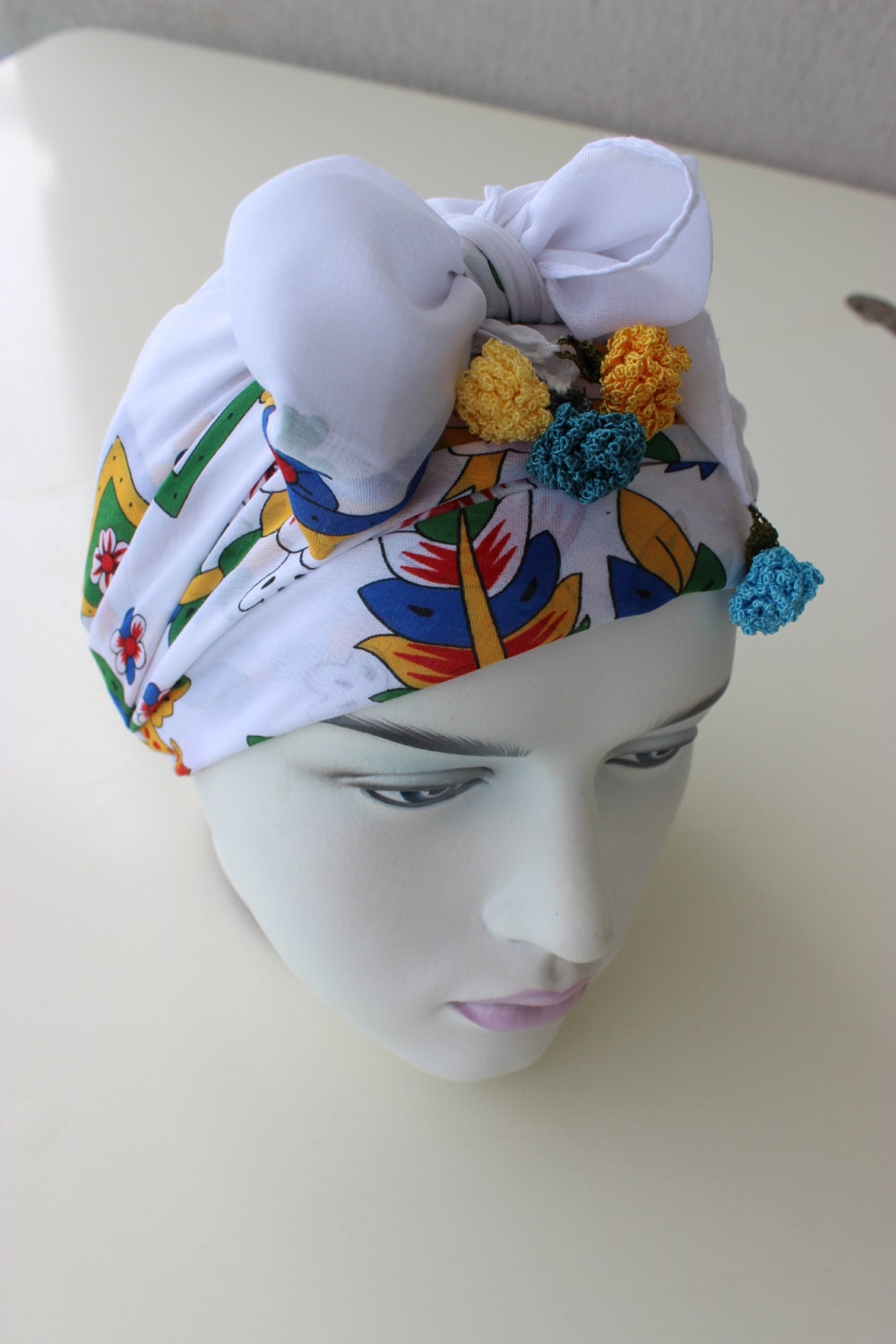 White Cotton Gauze Head Scarf Women's Head Wrap Floral
