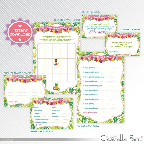 hawaiian luau baby shower printable games by creastelleparty