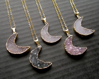 Crescent Druzy Necklace Druzy Moon Necklace Crescent Jewelry Druzy Jewelry Boho Jewelry Gypsy Jewelry Boho Necklace Mineral Jewelry Layering