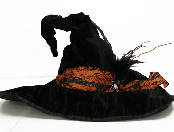 velvet witch hat halloween black and orange designer velvet witch hat halloween black and orange designer