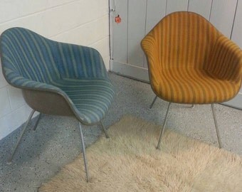 A PAIR of 1969 Herman Miller Eames shell chairs with Alexander Girard striped material!