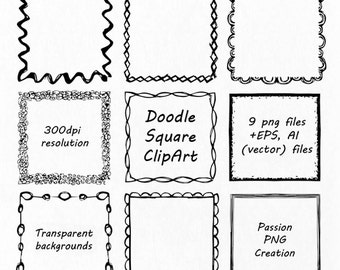 Doodle Square Clipart, Hand drawn Square Frames Clip art, PNG, EPS, AI, Vector, foursquare, quadrate Borders, Personal and Commercial Use