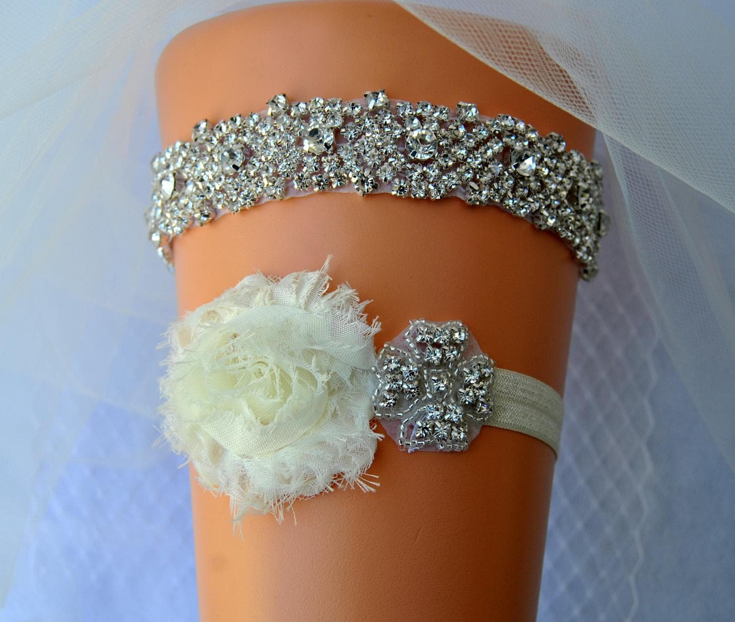 Crystal Bridal Garter Set Wedding Garter Set IvoryWhite