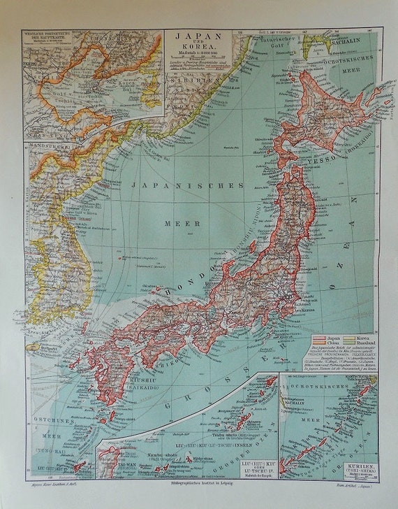 1900 Antique JAPAN & KOREA MAP . 114 years old chart.