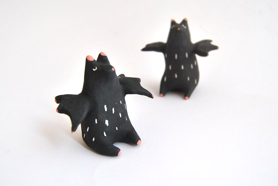 Black Bat Ceramic Miniature in White Clay and Decorated in