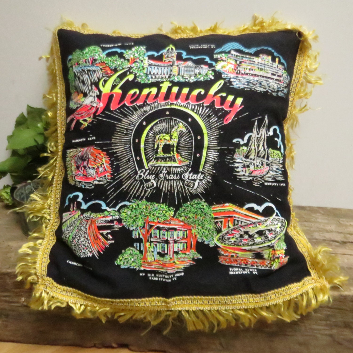 Vintage Kentucky Souvenir Pillow Black Felt Neon Gold Fringe