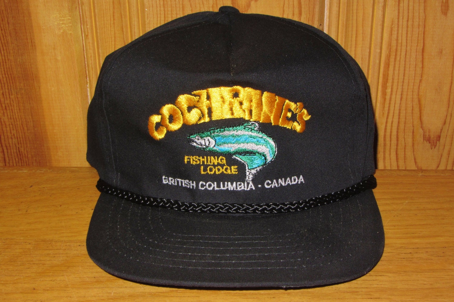 COCHRANE’S FISHING LODGE Original Vintage Black Rope Lined Zipback Hat