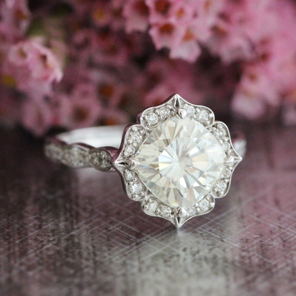 Vintage Floral Moissanite Engagement Ring in 14k by LaMoreDesign