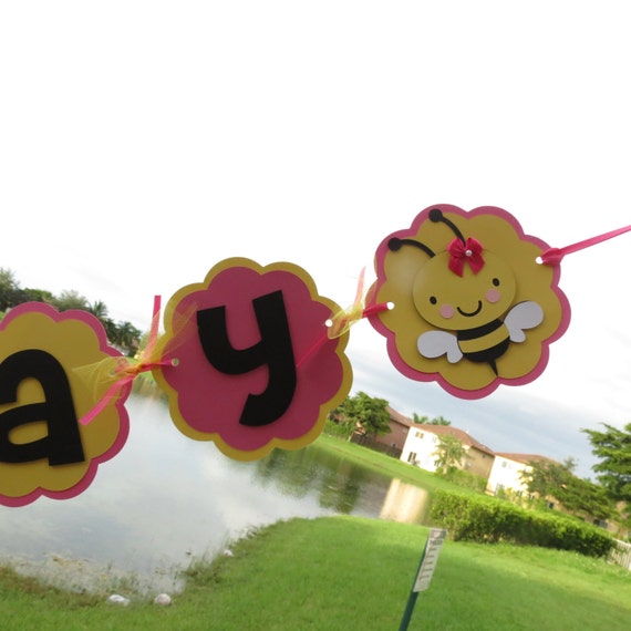 Girl Bumble Bee - "Happy Birthday" Banner - Hot Pink, Yellow, and Black Il_570xn