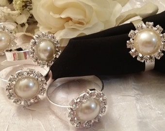 Black Friday Sale, Cyber Monday, Gold Napkin Ring, Napkin Ring Pearl Rhinestone, Crystal Brooch Napkin Ring