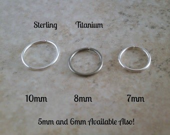 Sterling Silver Nose Ring 20G Pure Titanium Nose Hoop 5mm 6mm, 7mm 8mm 10mm Hoop 20 Gauge Rose Gold Filled Helix Hoop Small Sleeper