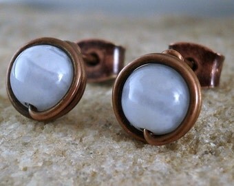 Blue Lace Agate Studs Grade 1 Titanium Wire Wrap Jewelry Handmade Wire Earrings Gem Chalcedony Studs Small Blue Gemstone Earrings Handmade