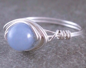 Sterling Wire Gemstone Ring Sky Blue Angelite Studs Sterling Silver Wire Wrapped Jewelry Handmade Jewelry Wire Ring Sky Blue Gemstone