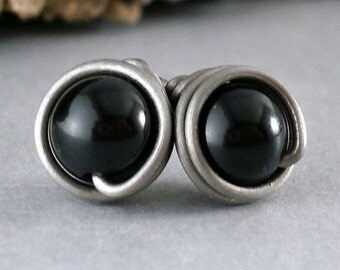 Sterling Black Onyx Stud Earrings Grade 1 Titanium Jewelry Sterling Silver Studs Black Onyx Jewelry Simple Black Earrings Wire Studs