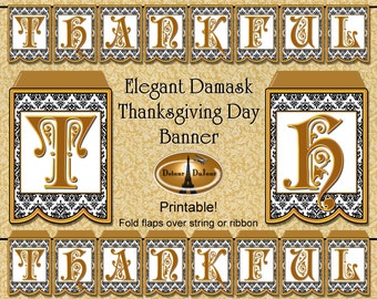 Thanksgiving Banner Printable THANKFUL Banner Elegant Gold Black White Instant Download