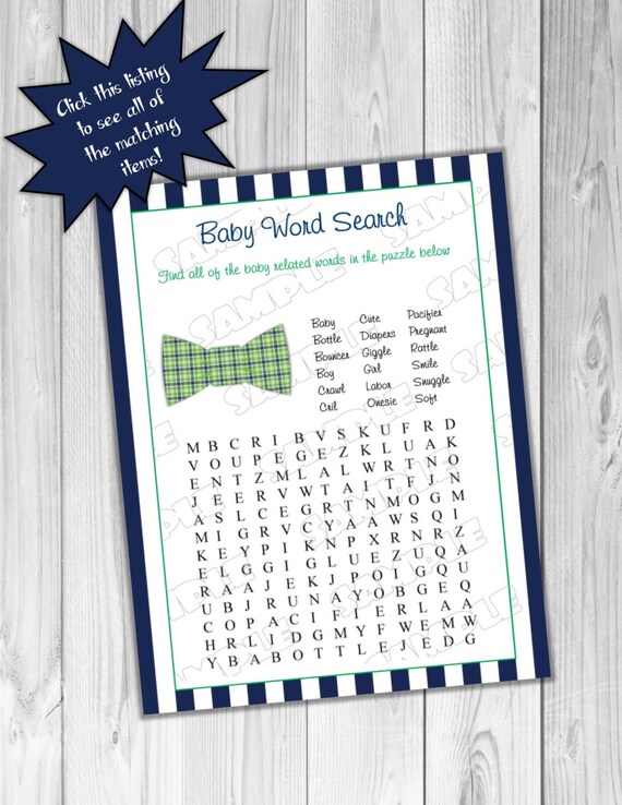 Bowtie Baby Shower Games Word Search Game Printable INSTANT DOWNLOAD UPrint By Greenmelonstudios Bow Tie