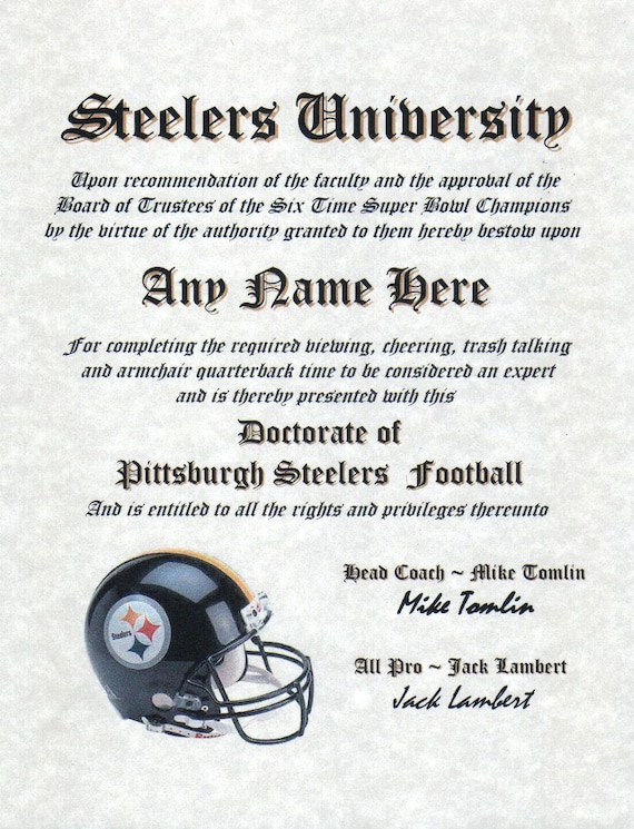 PITTSBURGH STEELERS Football Fan Certificate Diploma