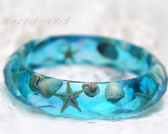 Тurquoise Resin bracelet Seashell jewelry Summer bracelet Sea bracelet Turquoise bracelet Bangle starfish Faceted bracelet sea shells