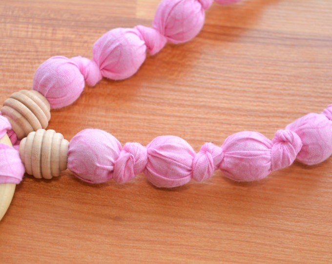 Breastfeeding Nursing Necklace, Teething Necklace, Babywearing Necklace, Fabric Necklace, Baby Shower Gift - Double Ring - Pink Heart Swirls