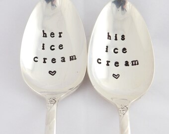his ice cream, her ice cream, hand Stamped Vintage Silverware Spoon, bridal shower gift , ice cream spoon, wedding gift idea