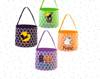 SALE -Embroidered Personalized Halloween Buckets, Quatrefoil Halloween Buckets, Monogram Halloween Buckets, Childrens Trick or Treat Buckets