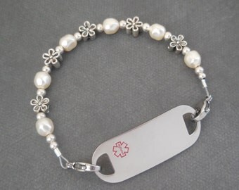 Medical ID Bracelet, Medical Alert Bracelet, Allergy Bracelet, Free Engraved ID Tag, Swarovski Pearls, Sterling Accents & Pewter Flowers.