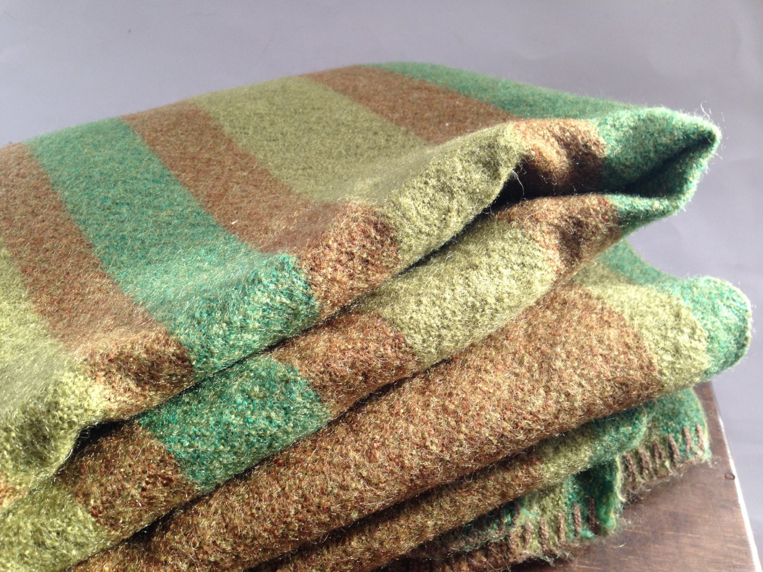 Vintage wool blanket Brown green striped blanket Large felt